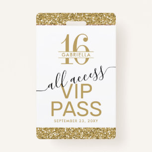 Badge Sweet 16 Invitation VIP Pass Blanc et or