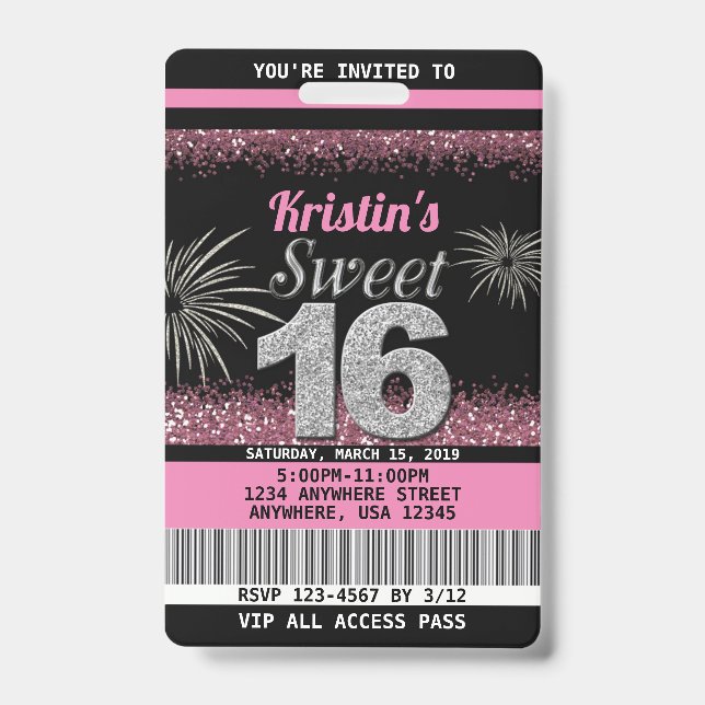 Badge Sweet 16 Invitations d'anniversaire en rose pâle (Face)