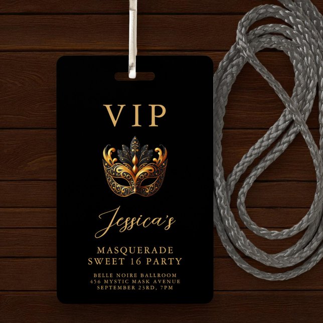 Badge Sweet 16 Masquerade Black Gold VIP Invitation (Créateur téléchargé)