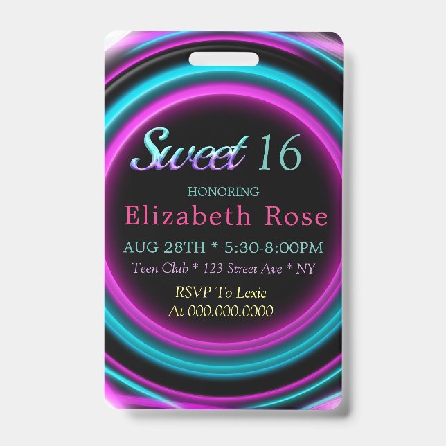 Badge Sweet 16 Neon fête d'anniversaire (Avant)