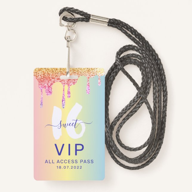 Badge Sweet 16 Parties scintillant Pastel Shades Invitat (Devant avec lanière)