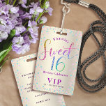 Badge Sweet 16 Rainbow Glitter Gold Birthday VIP Pass<br><div class="desc">“Happy Sweet 16.” Add some extra fun to your favorite Sweet 16 birthday girl’s celebration party whenever you pass out these special birthday VIP pass keepsake badges! Rainbow glitter script typography, along with festive turquoise, purple pink and gold confetti, overlays a champagne gold foil metallic background. Personalize the custom text...</div>