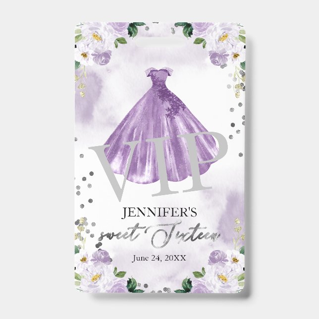 Badge Sweet 16 Robe Florale violette 16 VIP Anniversaire (Avant)