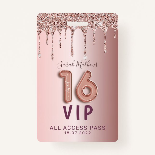 Badge Sweet 16 Rose Parties scintillant or Invitation An (Devant)
