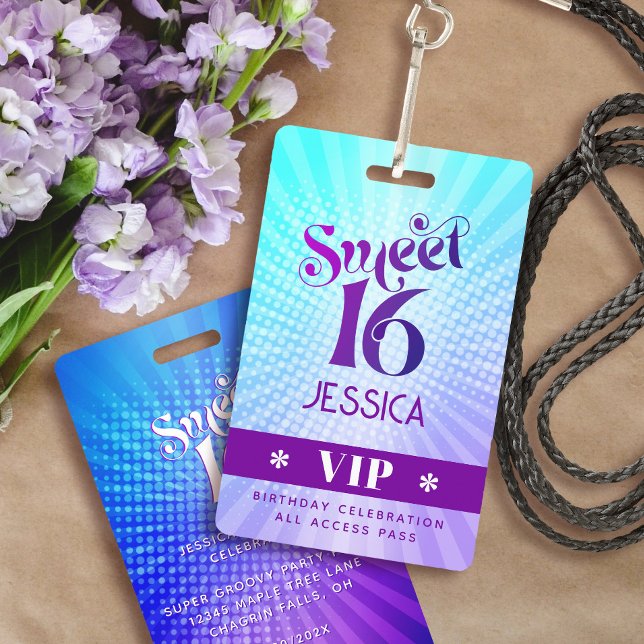 Badge Sweet 16 Super Purple Blue Gradient Boho VIP Pass (Créateur téléchargé)