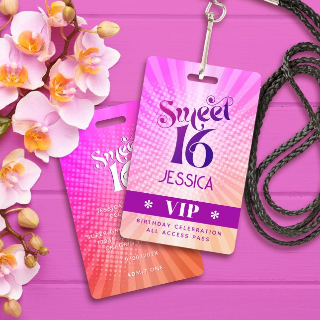 Badge Sweet 16 Super Rose Orange Dégradé Boho VIP Pass (Créateur téléchargé)