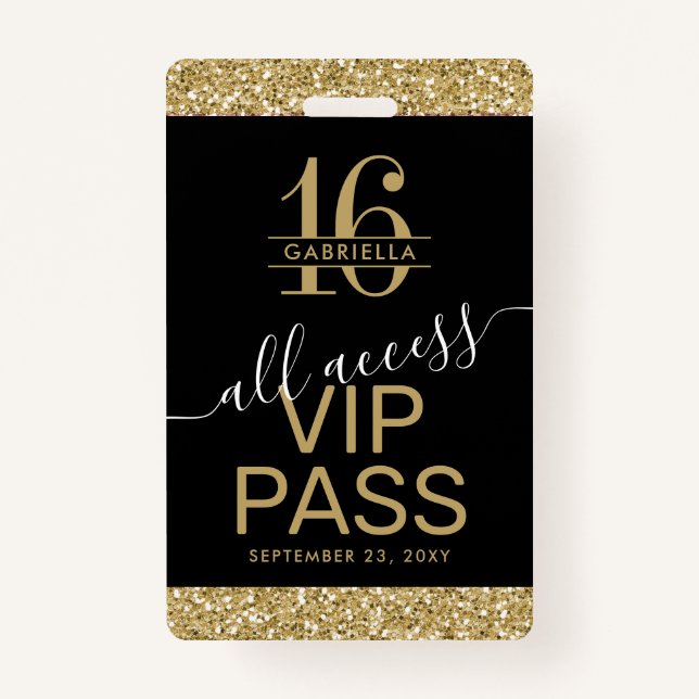 Badge Sweet 16 VIP Access Pass Invitation noir et or (Devant)