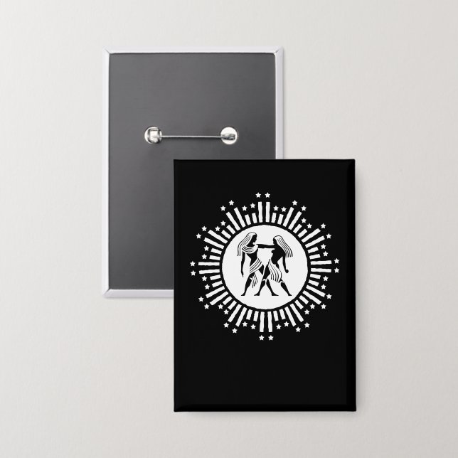 Badge Symbole Gemini Zodiac avec étoiles Noir et Blanc (Recto/Verso)