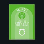 Badge Taurus Zodiac Personnalisé Anniversaire Photo Astr<br><div class="desc">Personnalisez ce bouton avec une date de naissance et un nom. Un design personnalisé avec le signe zodiaque - Taurus - plus traits de personnalité, information et constellation. Une couleur verte fraîche - associée à Taurus est le design principal derrière tous les détails du Zodiac. Un grand cadeau pour un...</div>