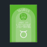 Badge Taurus Zodiac Personnalisé Anniversaire Photo Astr<br><div class="desc">Personnalisez ce bouton avec une date de naissance et un nom. Un design personnalisé avec le signe zodiaque - Taurus - plus traits de personnalité, information et constellation. Une couleur verte fraîche - associée à Taurus est le design principal derrière tous les détails du Zodiac. Un grand cadeau pour un...</div>