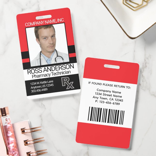 Badge Technicien en pharmacie - Rouge, Noir et Blanc (Bureau)