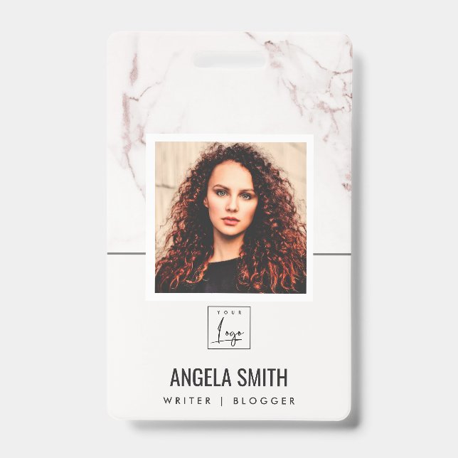 BADGE TEXTE DE MARBRE ROSE BLANC CODE-BARRES PHOTO EMPLO (Avant)