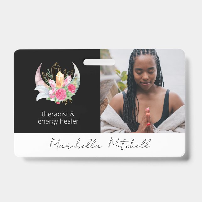 Badge Thérapeute Cristaux Plumes Fleurs Boho Moon (Avant)