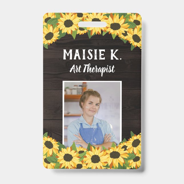 Badge Tournesol jaune & Photo Bois foncé Rustique (Avant)