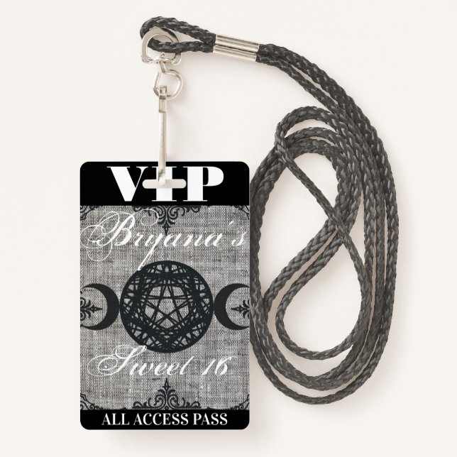 Badge Triple Moon Goddess Burlap VIP Pass Anniversaire (Devant avec lanière)