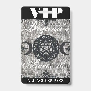 Badge Triple Moon Goddess Burlap VIP Pass Fête d'anniver