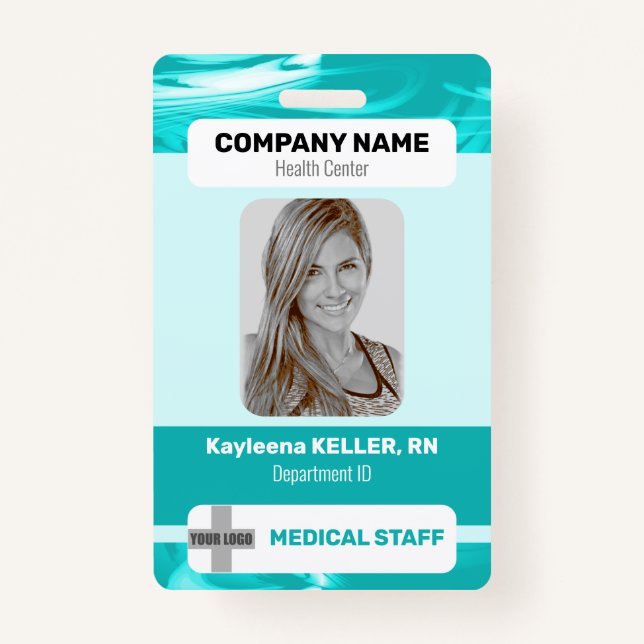 Badge Turquoise Green Marble Photo Code-barres Logo Pers (Devant)