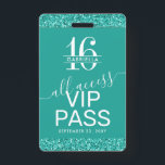 Badge Turquoise Turquoise Sweet 16 Invitation carte VIP<br><div class="desc">Custom Turquoise Aqua Turquoise Blue-Green Parties scintillant Sweet 16 VIP All-Access Pass Badge Invitation avec un monogramme de 16e anniversaire - ou personnalisez avec chaque nom d'invité individuel pour votre soirée sweet sixteen glam. Les détails de l'invitation sont imprimés sur le dos avec des polices élégantes et modernes avec accents...</div>