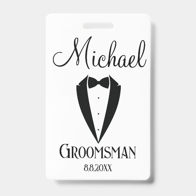 Badge tuxedo fun avec bow groomsman personnalisé moderne (Face)