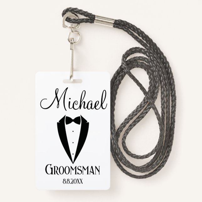 Badge tuxedo fun avec bow groomsman personnalisé moderne (Devant avec lanière)
