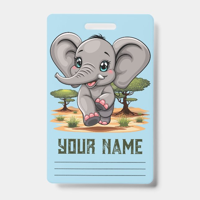 Badge Un bébé éléphant qui sonne heureux dans la savane  (Front)