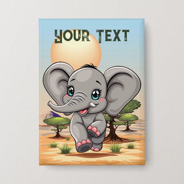 Badge Un bébé éléphant qui sonne heureux dans la savane  (Recto)