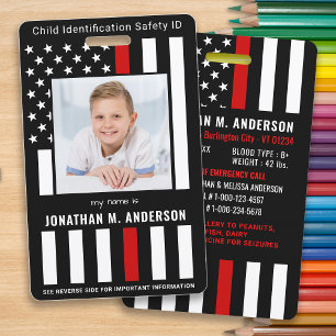 Badge Urgence Enfant ID Pompier Rouge Enfants Photo