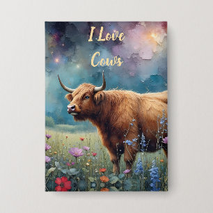 Badge Vache des Highlands dans une tapisserie florale co