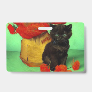 Badge Van Gogh Black Kitten Fleurs rouges