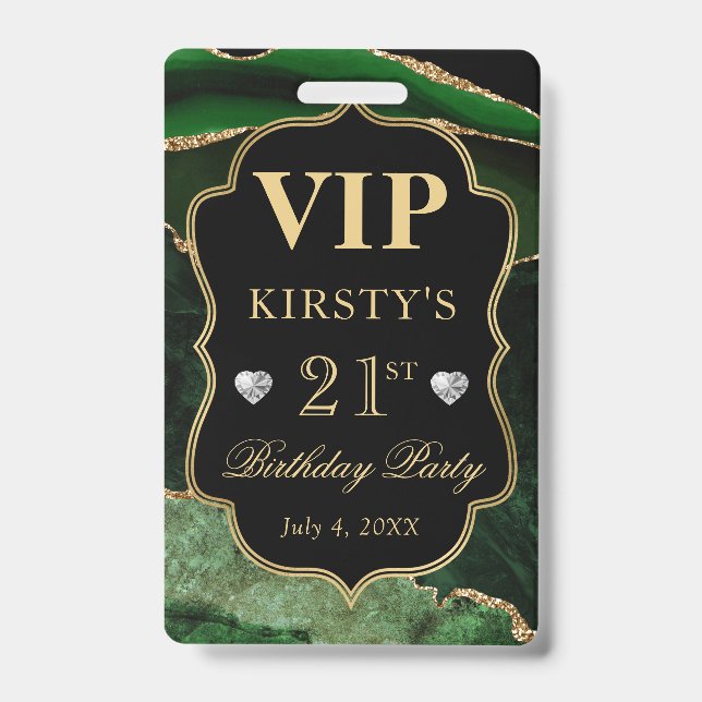 Badge Vert et Or Marbre Paillettes Agate Anniversaire VI (Avant)