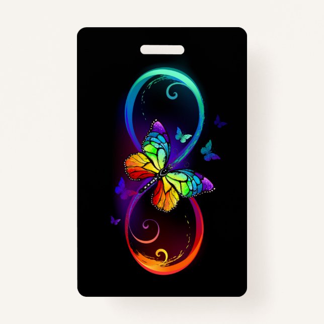 Badge Vibrant infinity with rainbow butterfly on black (Devant)