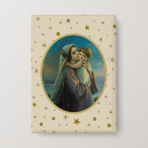 Badge Vierge Marie et bébé Jésus sur Arrière - plan étoi