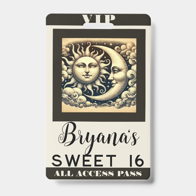 Badge Vintage Céleste Soleil & Lune Anniversaire VIP Pas (Avant)