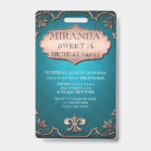Badge Vintage Turquoise Tan Scroll Sweet 16 Anniversaire