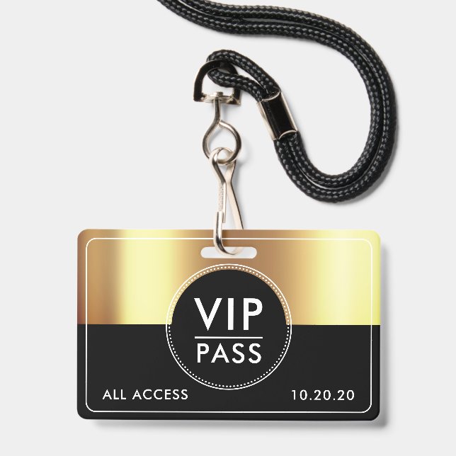 Badge VIP All Access Event Metallic Gold Black (Front with Lanyard)