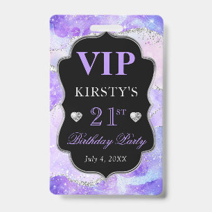 Badge VIP Anniversaire Agate Pailletée Violet et Argenté