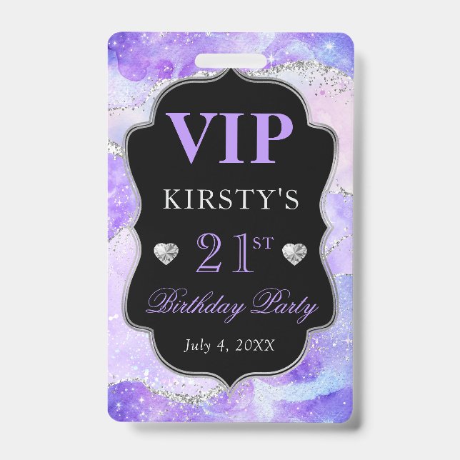Badge VIP Anniversaire Agate Pailletée Violet et Argenté (Avant)