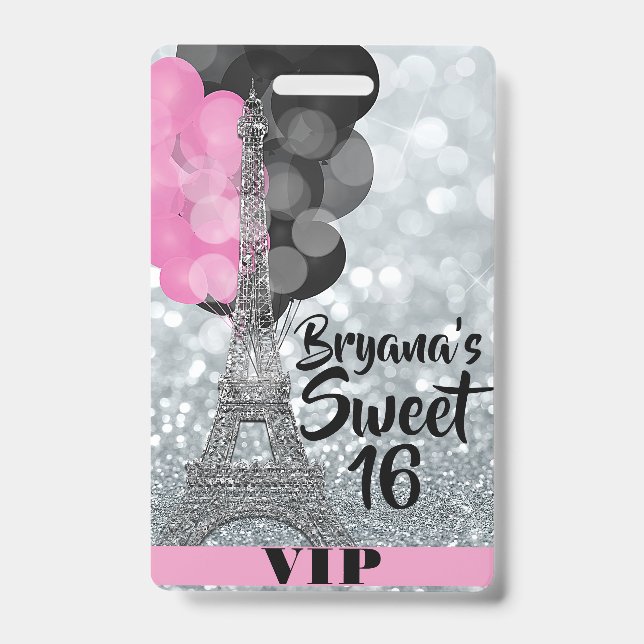 Badge VIP Pass Ballons Tour Eiffel Argent Rose (Avant)