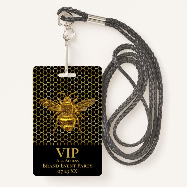 Badge VIP Pass Elegant Black Gold Sparkling Queen Bee (Devant avec lanière)
