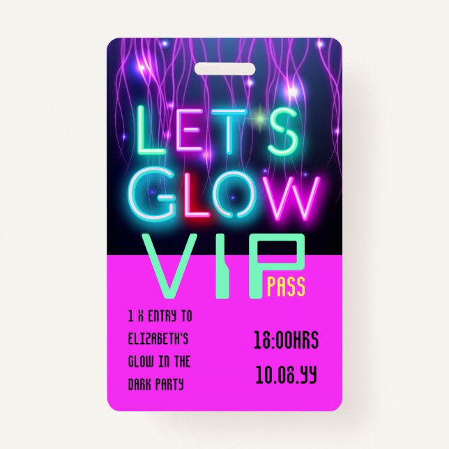 Badge VIP Pass Glow In Dark Party IDÉE D'INVITATION UNIQ (Devant)