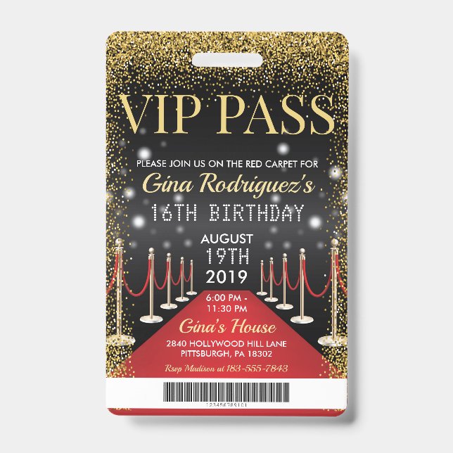 Badge VIP Pass Hollywood Tapis rouge Invitation d'annive (Avant)