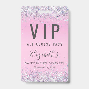 Badge VIP Pass Parties scintillant rose douce 16 Anniver