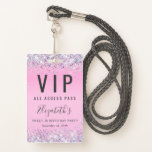 Badge VIP Pass Parties scintillant rose douce 16 Anniver<br><div class="desc">Une invitation unique à la fête de 16 ans sucrée qui sert également de badge pour les invités à porter à la fête et à garder comme une faveur de la fête souvenir. Ce joli design présente des confettis de parties scintillant violet, rose et argent brillant sur un arrière -...</div>