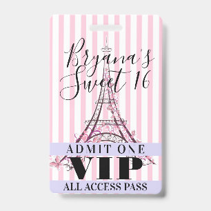 Badge VIP pour une fête Sweet 16 avec une Tour Eif