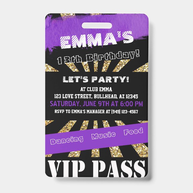 Badge VIP Purple & Gold N'importe quel Événement Pass An (Avant)