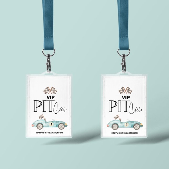 Badge Voiture de course Bleue Anniversaire, tout âge, ÉQ (VIP Pit crew race car passes)