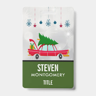 Badge Voiture rouge rétro portant un arbre de Noël
