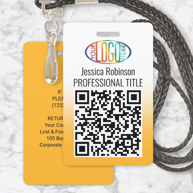 Badge Votre logo, code QR, nom et titre dégradé jaune (Créateur téléchargé)
