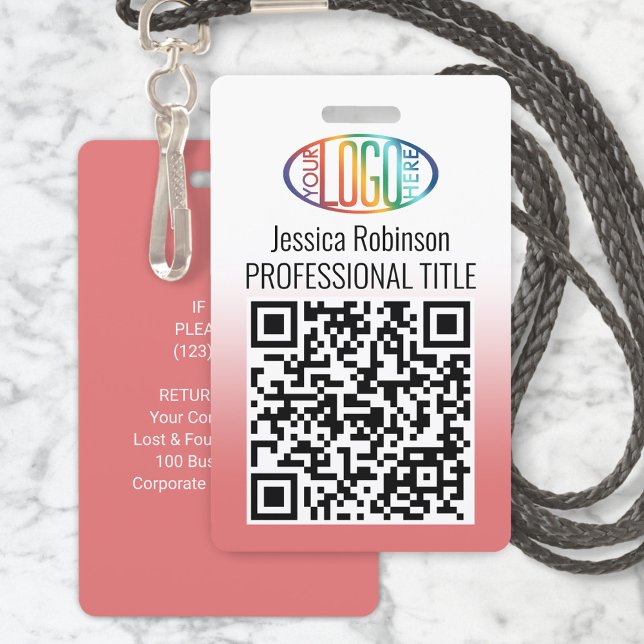 Badge Votre logo, code QR, nom et titre dégradé rose (Créateur téléchargé)