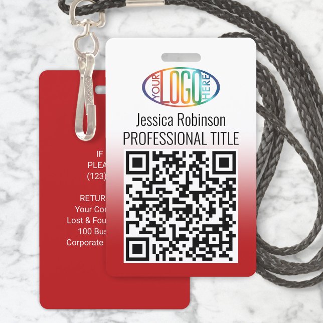 Badge Votre logo, code QR, nom et titre dégradé rouge (Créateur téléchargé)